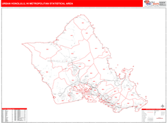 Urban Honolulu Metro Area Digital Map Red Line Style